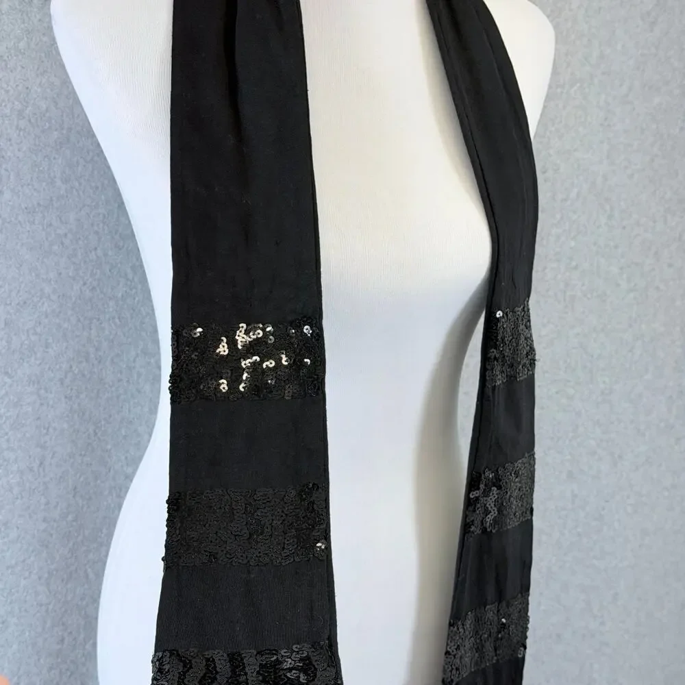 Black Sequin Skinny Scarf 100% Cotton Long Neck Tie Bow Evening Party OSFM